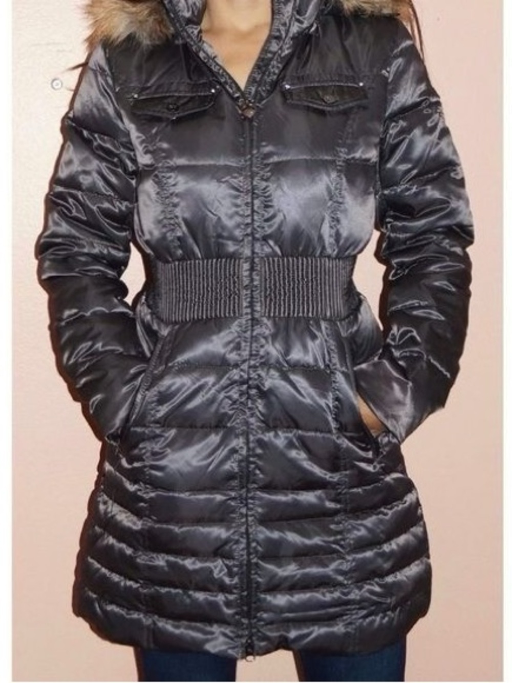 Laundry By Shelli Segal Shiny Black Quilted Puffer with Faux Fur Trim